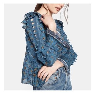 SEA NY New York Esther Pom Blouse Blue Floral 0/XS